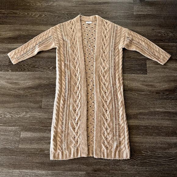 Naadam Wool Cashmere Long Cable Knit Cardigan Duster Open Front Neutral Knitwear - Picture 3 of 12